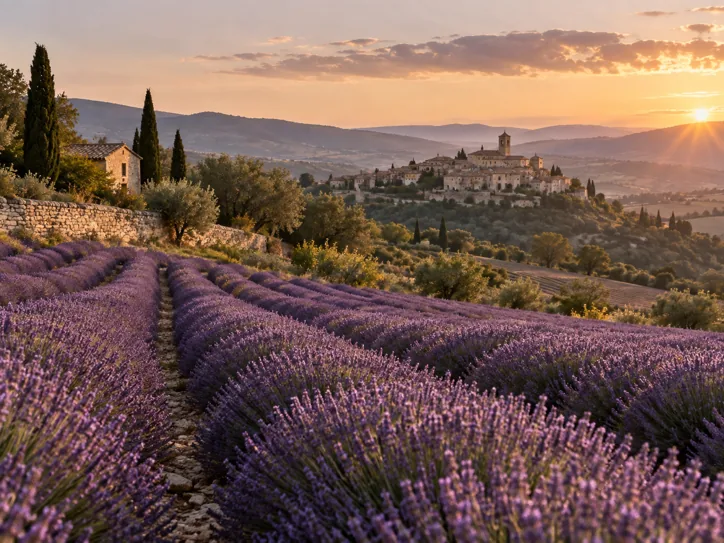 Lavender hills with a distant stone village
