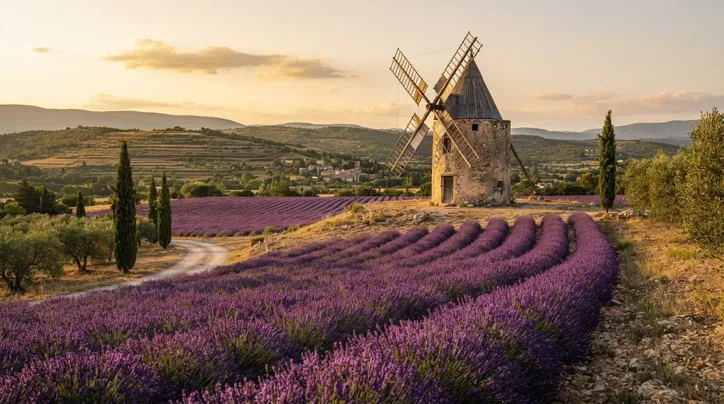 An old stone windmill on a hill above purple lavender rows at sunset, with cypress trees, olive trees, a gravel path and a village in the valley.
