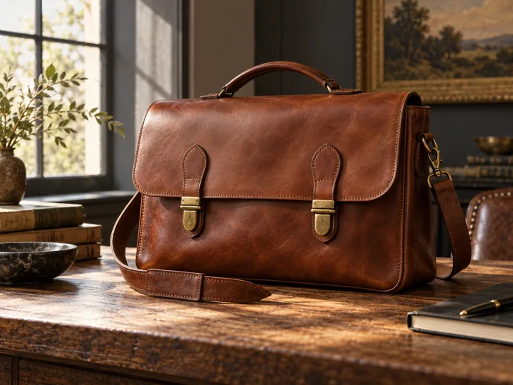 Cognac leather satchel with brass clasps
