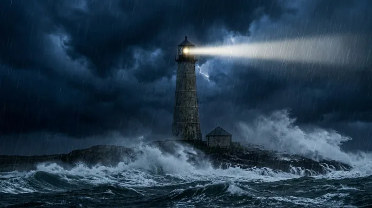 Stone lighthouse on a rocky island at night with its beam shining through rain, dark storm clouds above and big waves breaking on the shore.