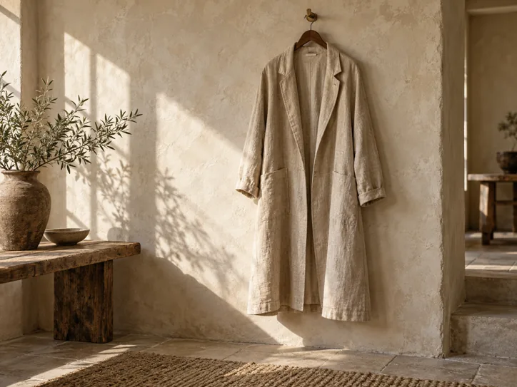 Linen coat hanging against a limewashed wall