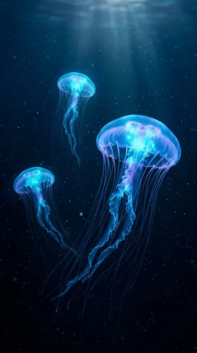 Three glowing blue jellyfish with long trailing tentacles drifting in dark deep water, with light rays from the surface and tiny specks of plankton.