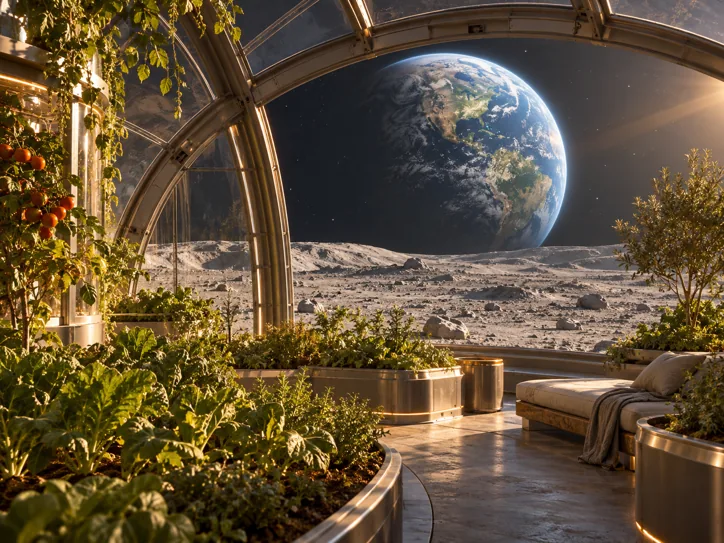 Lunar greenhouse overlooking Earth