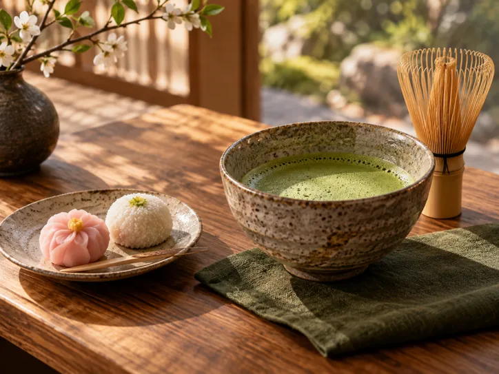 Matcha tea with a bamboo whisk and rice sweets