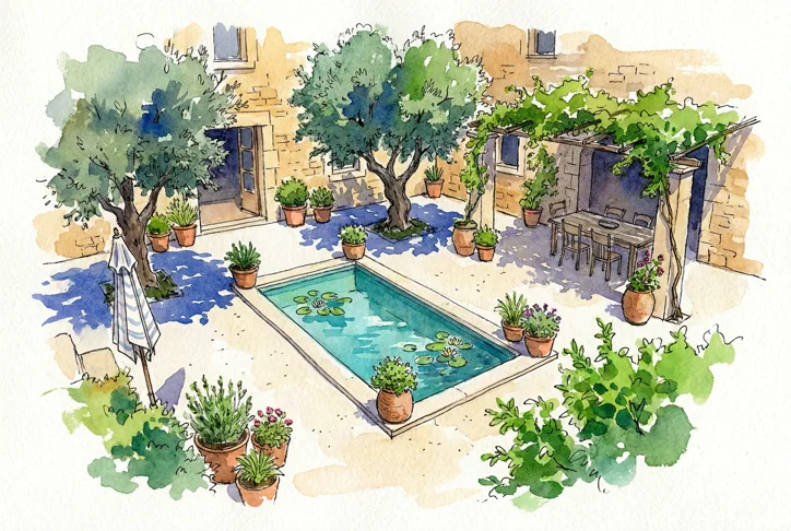 Mediterranean courtyard. Expressive watercolour and delicate ink with textured paper and ultramarine shadows.