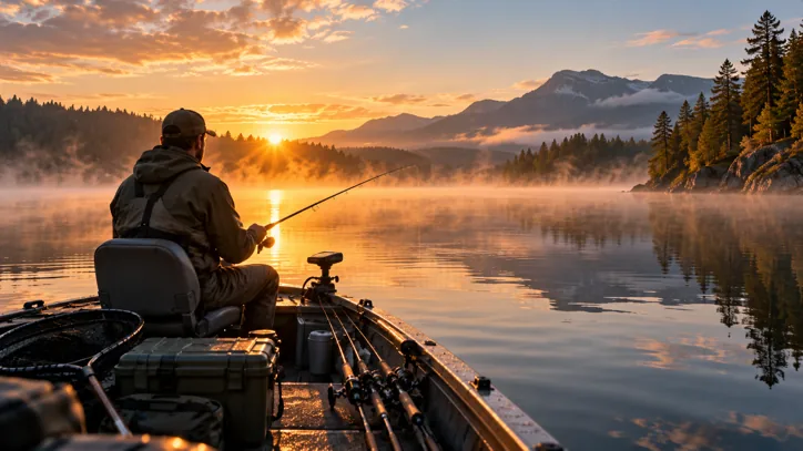 Sunrise fishing on a misty mountain lake