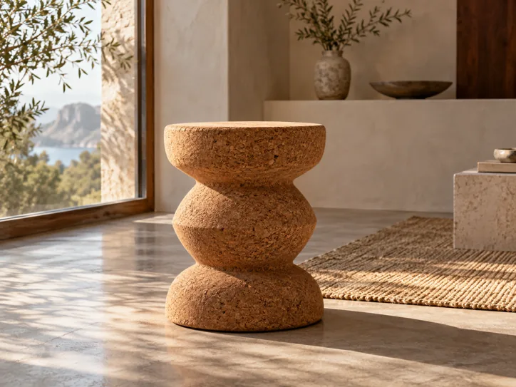 Sculptural cork stool with flowing curves
