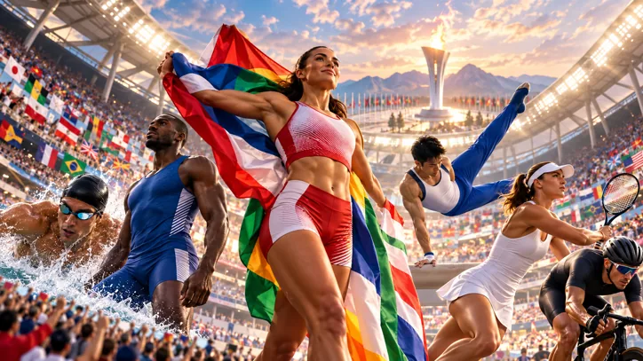 Stylized multi-sport celebration in a stadium