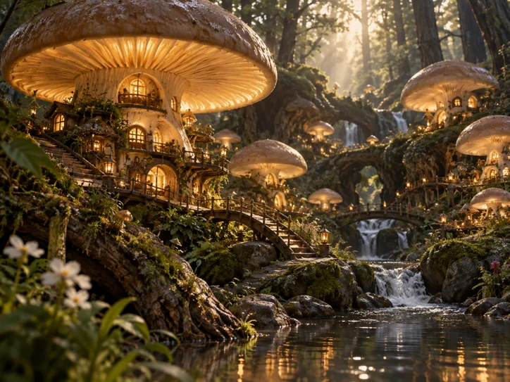 Tiny woodland village inside glowing mushrooms