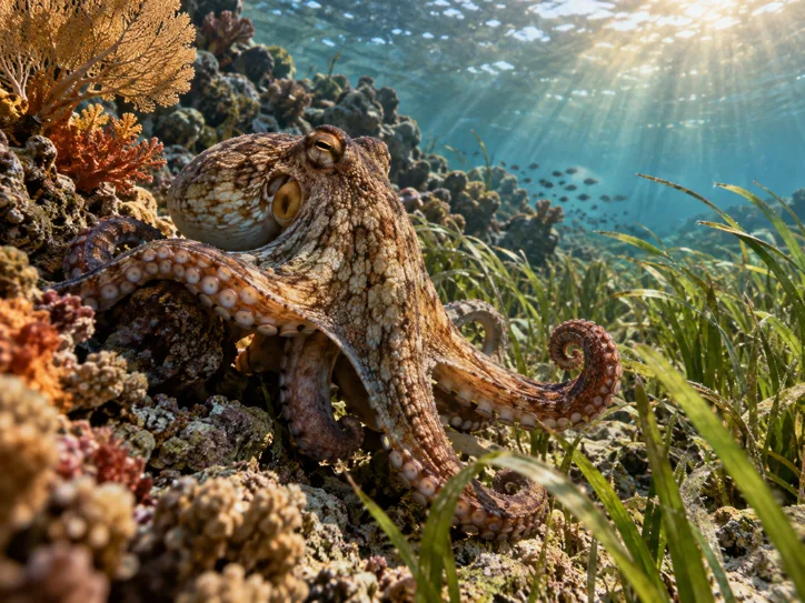 Octopus among coral and swaying seagrass