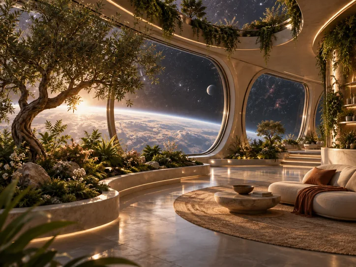 Orbital garden with curved windows and distant stars