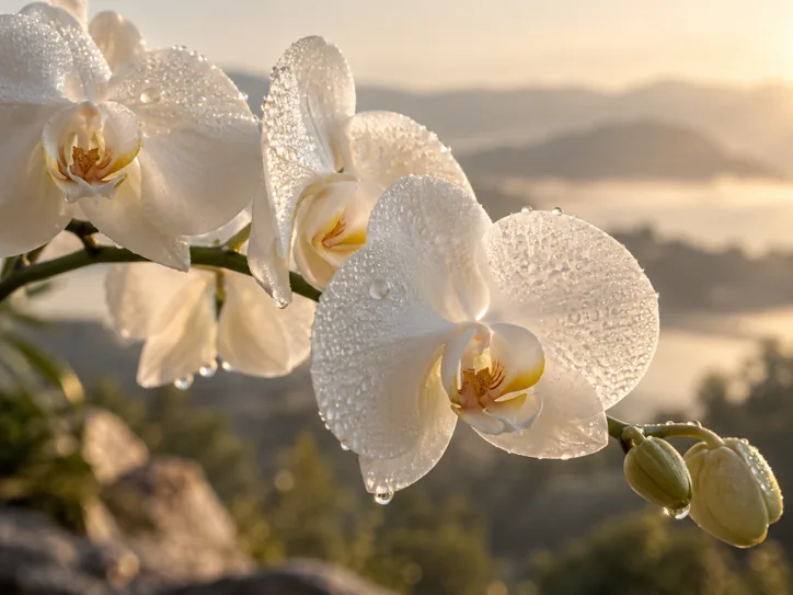 White orchid petals covered in morning dew