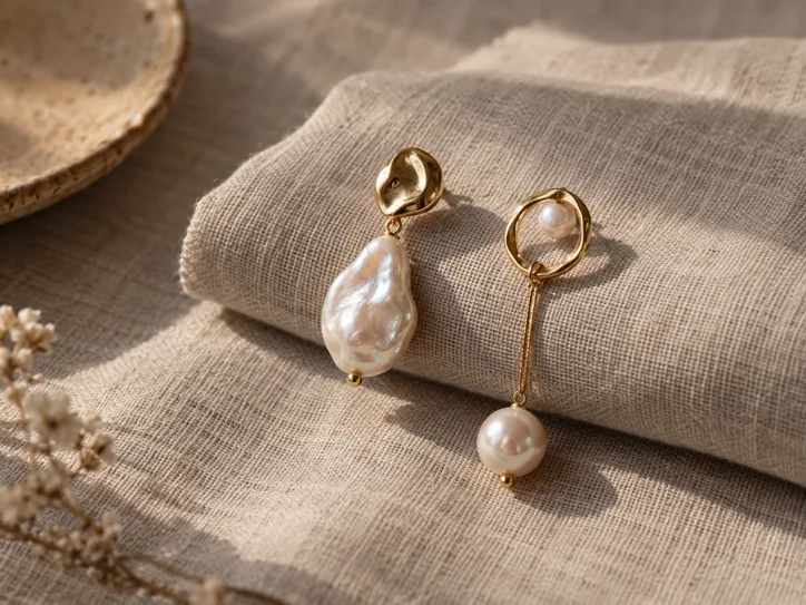Asymmetric pearl earrings on folded linen