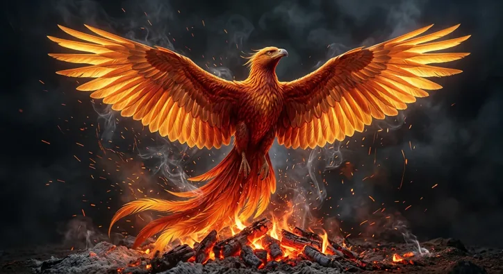 Fiery phoenix with outstretched wings and flowing tail feathers above burning logs and embers, with sparks and smoke against a dark background.