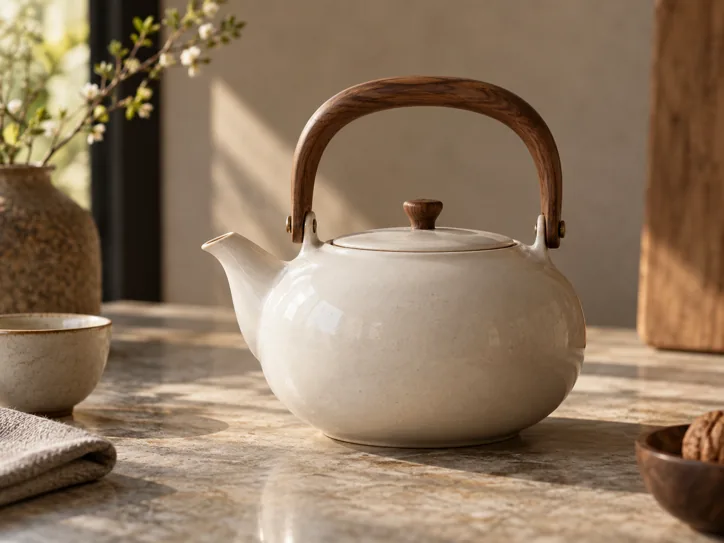 Porcelain teapot with a walnut handle