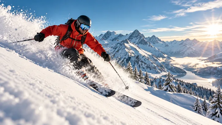 Powder skiing through a dramatic alpine bowl