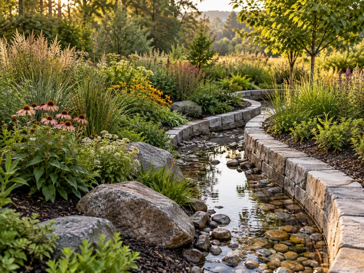 Rain garden with a curved stone channel