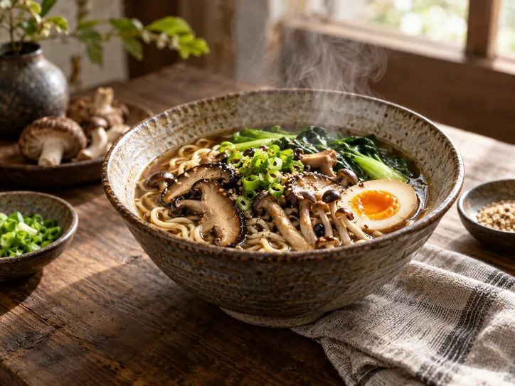 Steaming mushroom ramen in a ceramic bowl