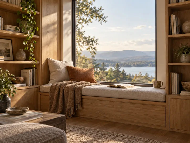Window reading nook with oak shelves