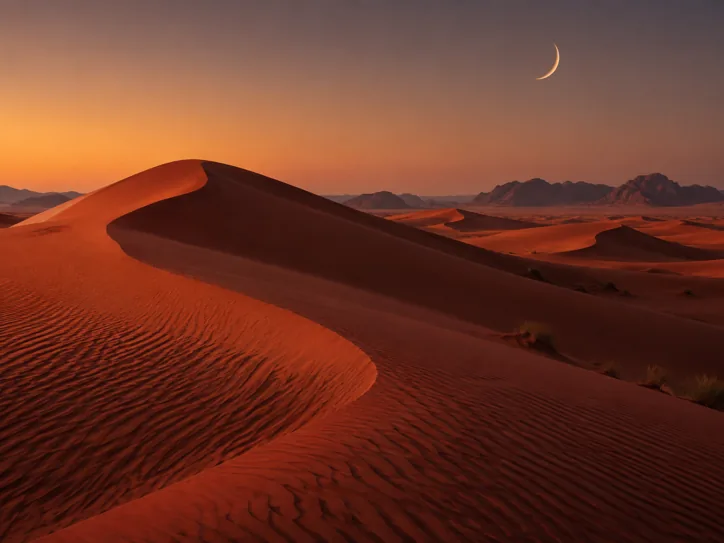 Red desert dunes beneath a single crescent moon
