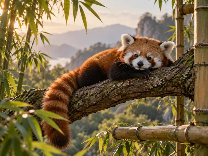 Red panda resting on a bamboo-framed branch