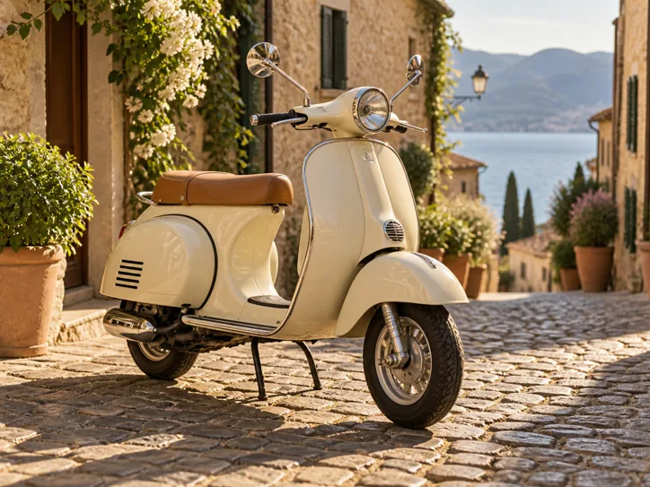 Cream retro scooter on sunlit cobblestones