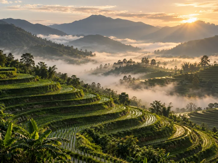 Emerald rice terraces wrapped in morning mist