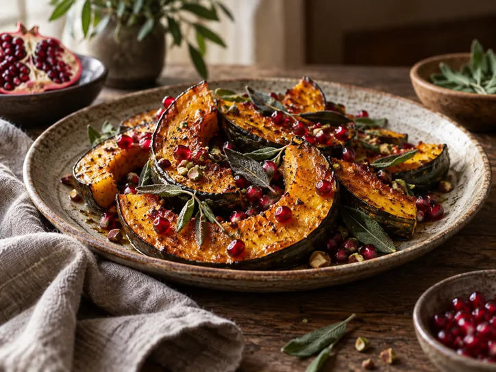 Roasted squash with pomegranate and sage