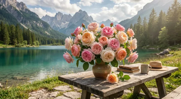 Bouquet of peach and pink roses in a clay vase on a rustic table, with books, a mug and a straw hat, beside a turquoise mountain lake.