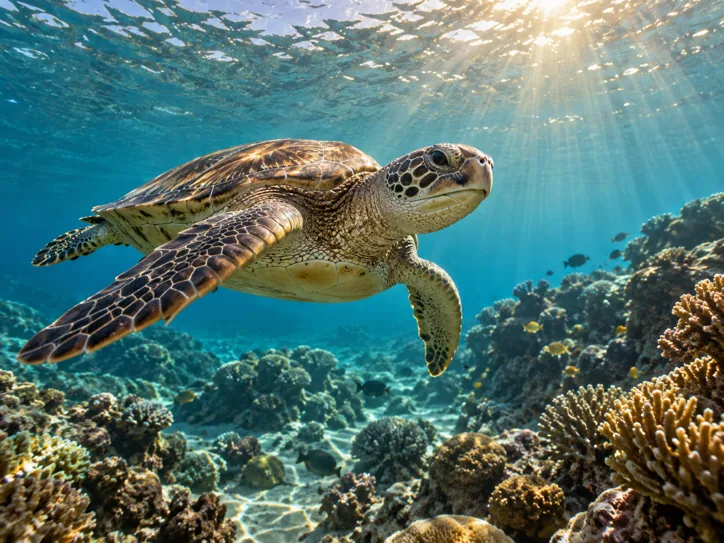 Sea turtle swimming over a sunlit reef