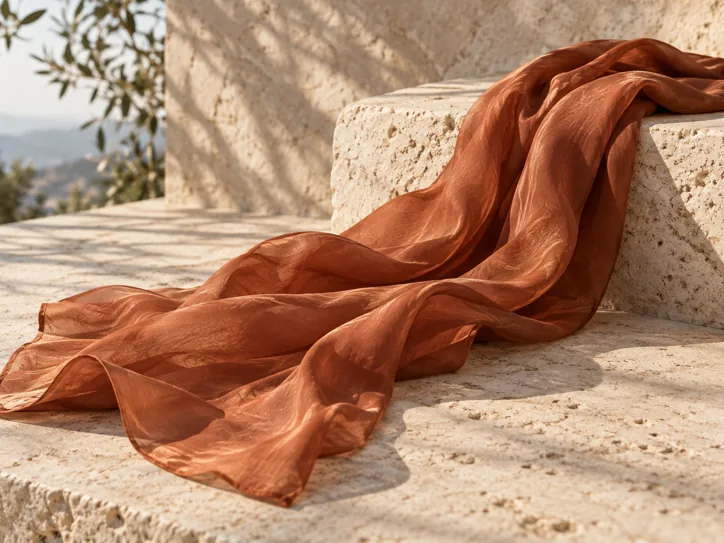 Flowing terracotta silk scarf on pale stone