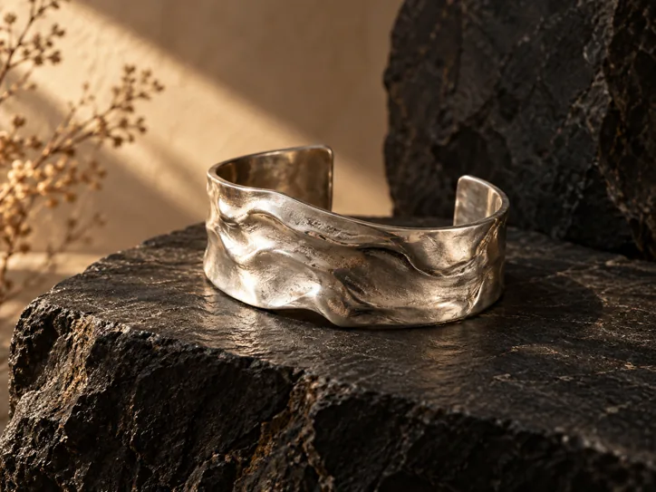 Sculptural silver cuff on textured black stone