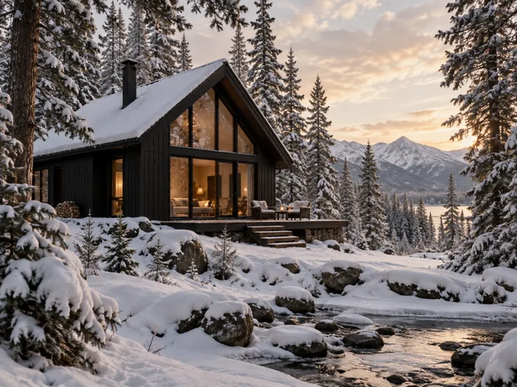 Black timber cabin in a snowy pine forest