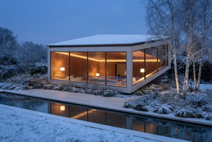 Modern stone pavilion with large glass walls and warm amber light inside, surrounded by snowy plants and birch trees beside a reflecting pool at dusk.