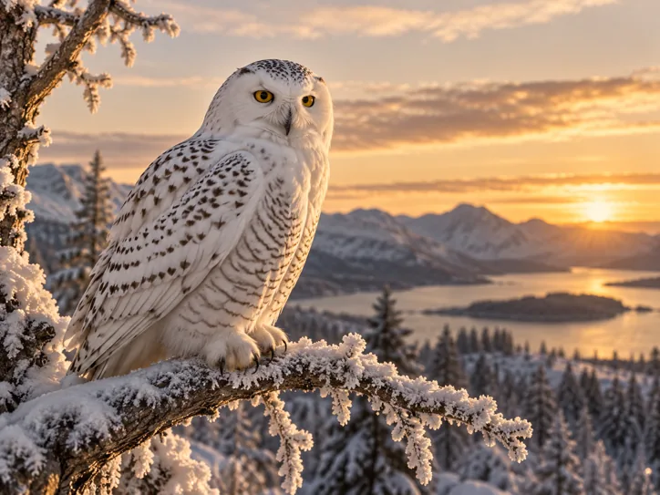 Snowy owl perched on a frost-covered branch