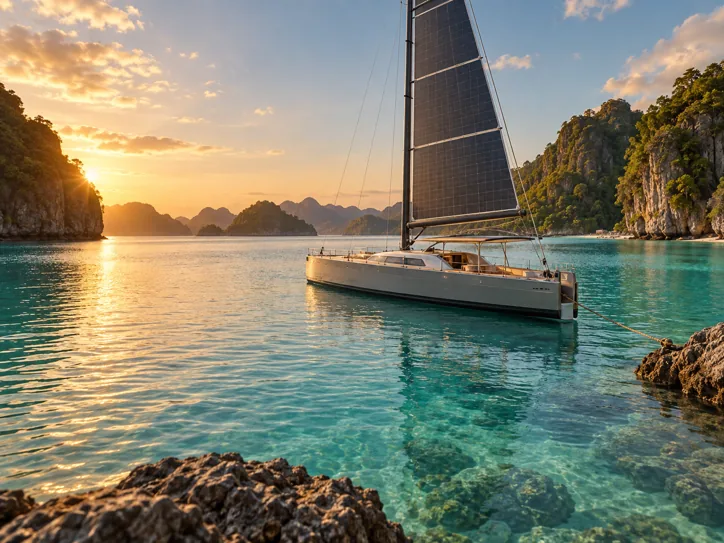 Solar sailboat moored in a turquoise lagoon