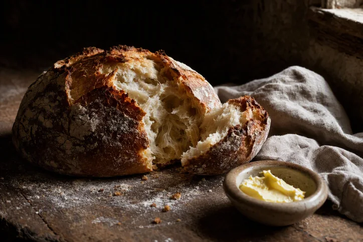 Rustic sourdough loaf on a flour-dusted table. Intimate food still-life photography with dramatic side light and deep chiaroscuro shadows.
