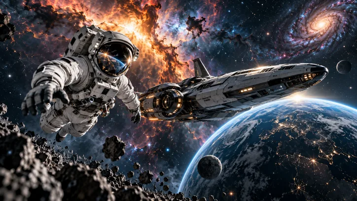 Astronaut rendezvous above an Earth-like world