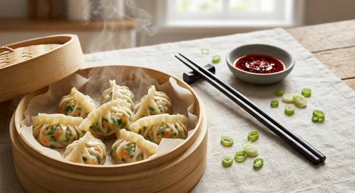 Steamed dumplings with pleated edges in a bamboo steamer, next to a small bowl of red chili sauce, black chopsticks and green onion rings on linen.