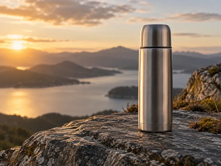 Brushed steel thermos on weathered slate