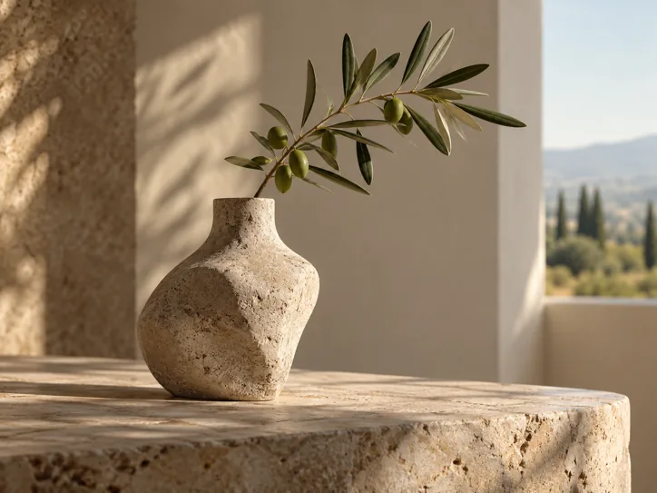 Sculptural stone vase holding one olive branch