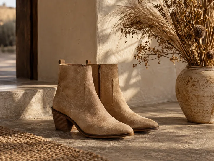 Sand suede boots beside dried grasses