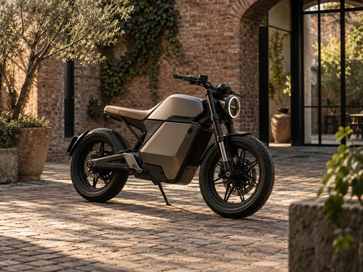Minimal electric motorcycle in a brick courtyard