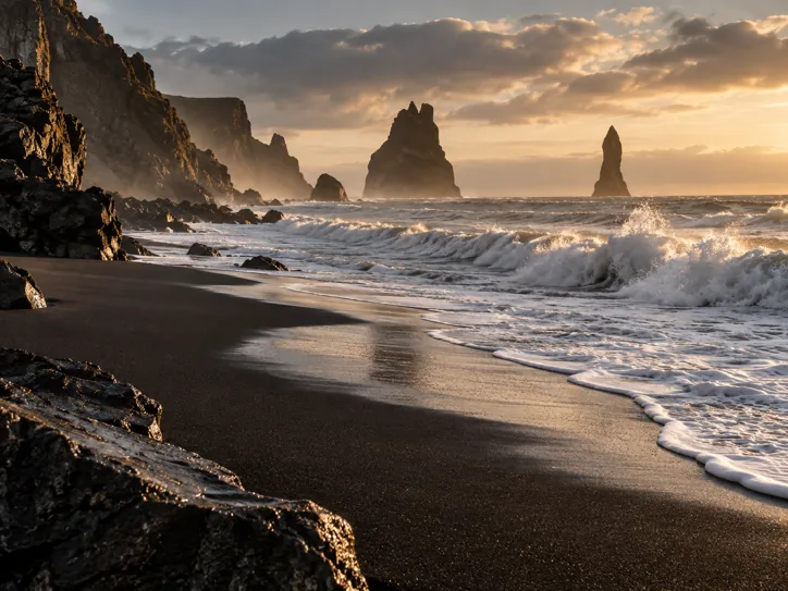 Black volcanic beach with white surf