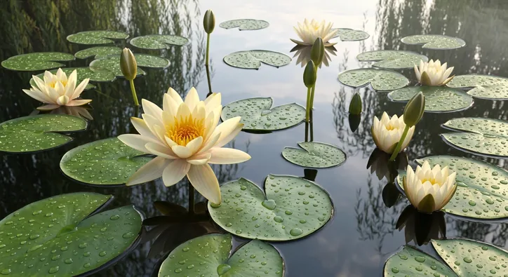 Pale cream water lilies and green buds among dew-beaded lily pads on a calm pond that mirrors willow branches and sky.