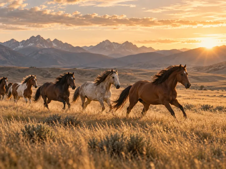 Wild horses crossing a golden grassland