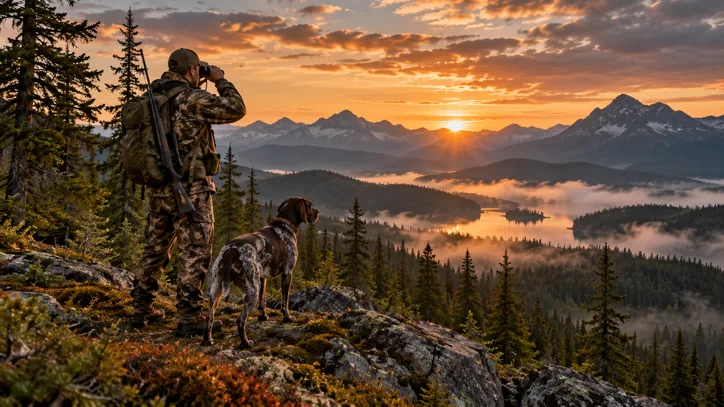 Hunter and dog overlooking a sunrise wilderness