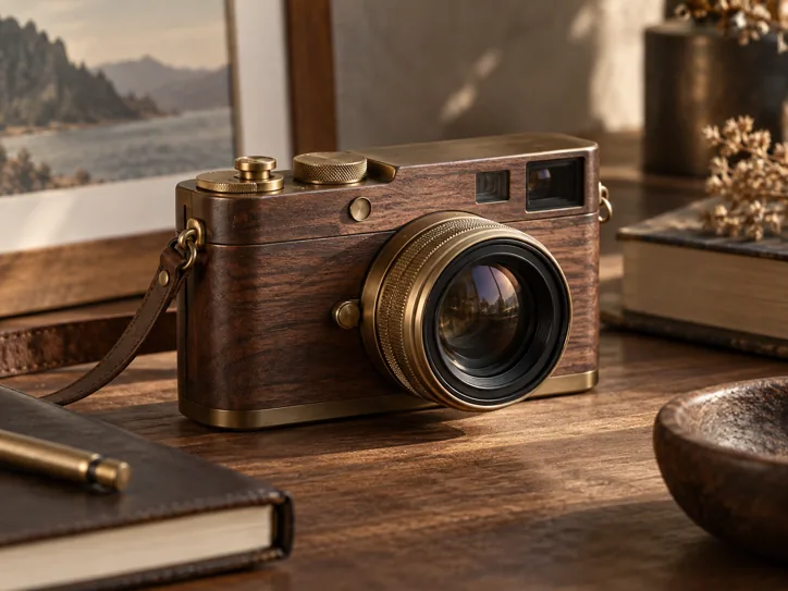 Walnut camera concept with tactile brass controls