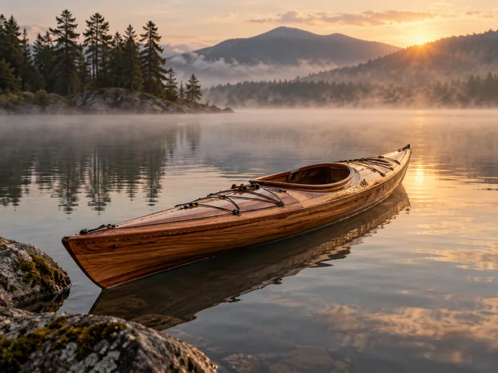 Handcrafted wooden kayak on a misty lake