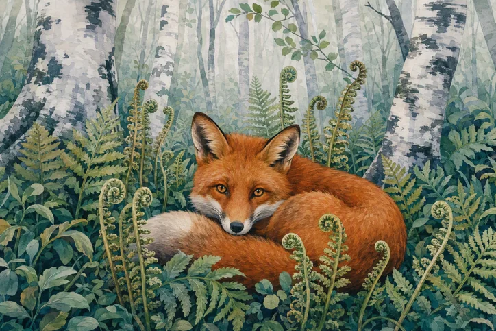 Fox among ferns in a misty birch forest. Botanical gouache illustration with layered shapes and detailed hand-painted fern leaves.